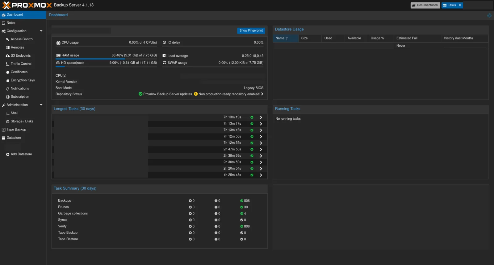Panel anonimizado de Proxmox Backup Server con tareas de backup y estado del datastore